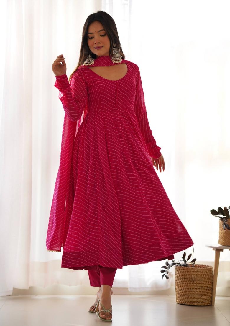 Rani Pink Printed Georgette Anarkali Set - Indya