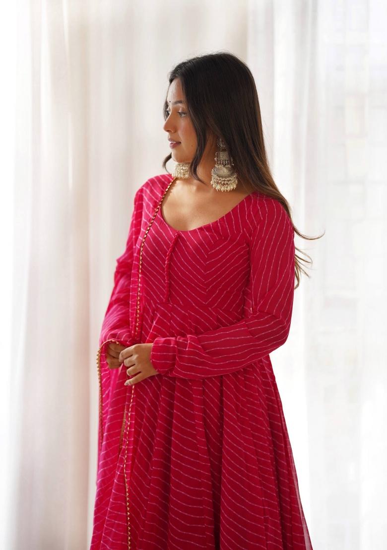 Rani Pink Printed Georgette Anarkali Set - Indya