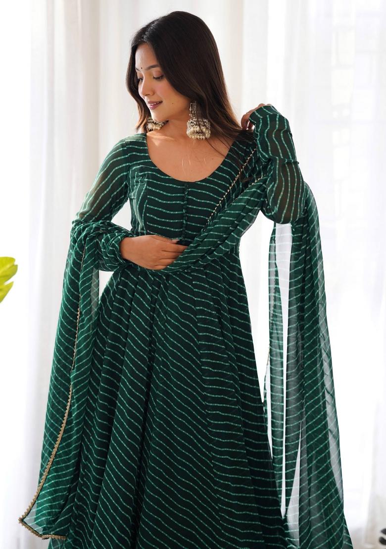 Green Printed Georgette Anarkali Set - Indya