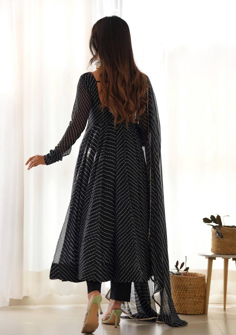 Black Printed Georgette Anarkali Set - Indya