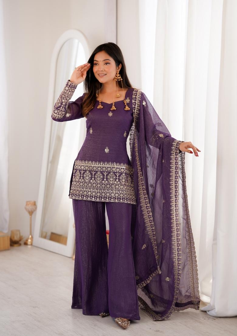 Deep Purple Sequin Work Silk Kurta Set - Indya