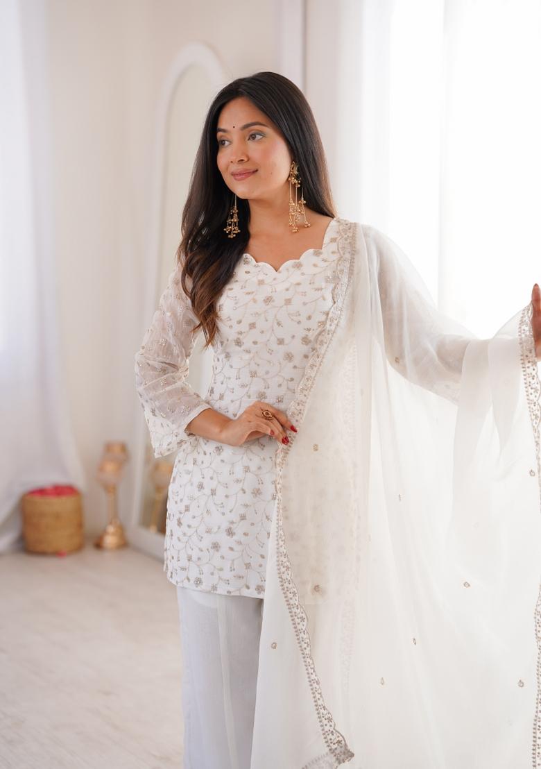 White Sequin Work Silk Kurta Set - Indya