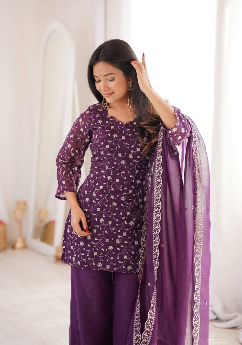 Plum Purple Sequin Work Silk Kurta Set - Indya
