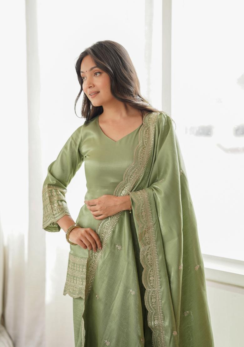 Sage Green Sequin Work Silk Kurta Set - Indya