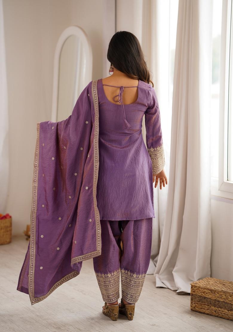Onion Pink Sequin Work Silk Kurta Set - Indya