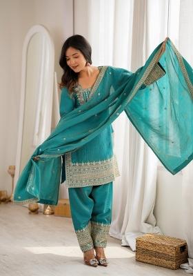Sea Green Sequin Work Silk Kurta Set