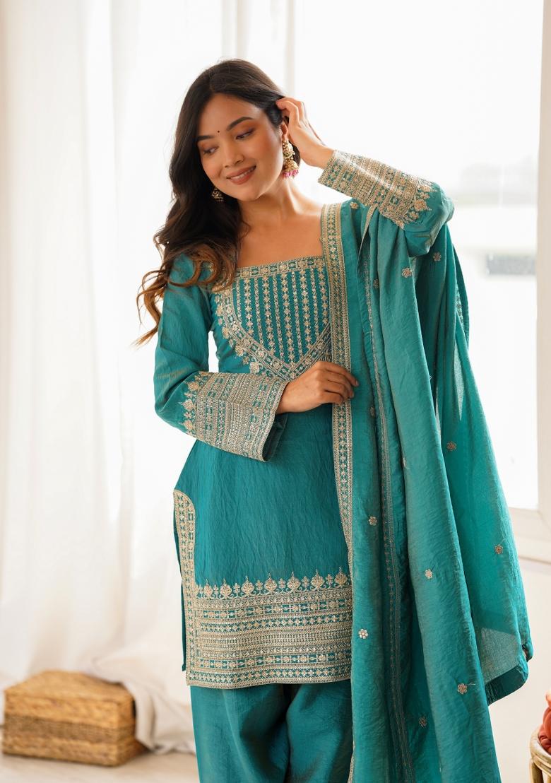 Sea Green Sequin Work Silk Kurta Set - Indya