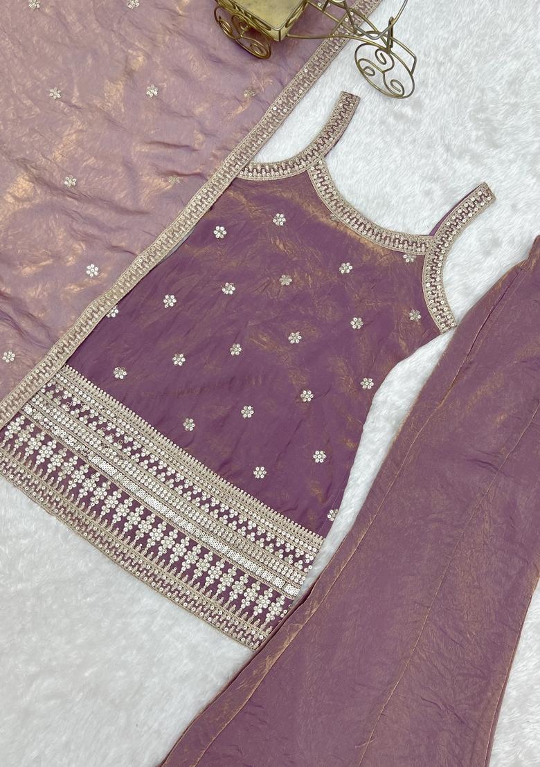 Dusty Pink Sequin Work Silk Kurta Set - Indya