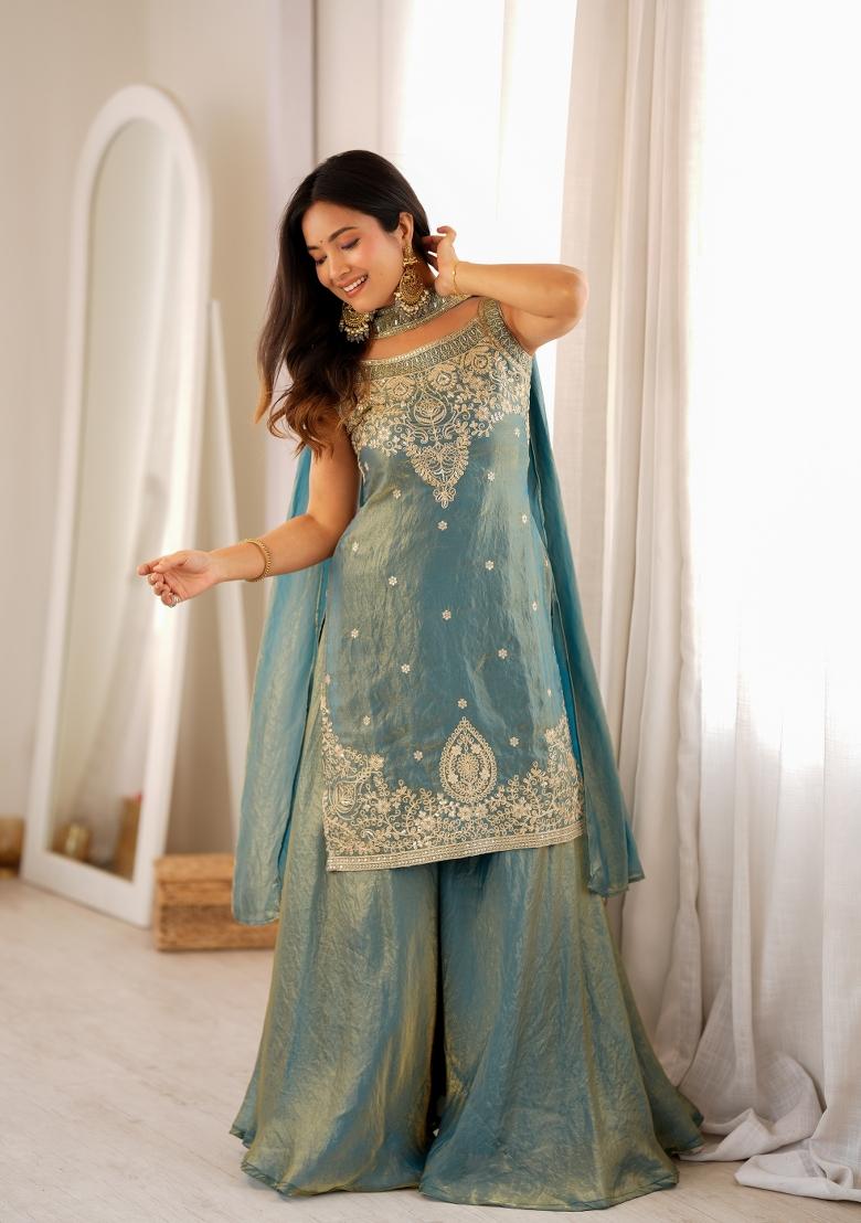 Dusty Teal Sequin Work Silk Kurta Set - Indya
