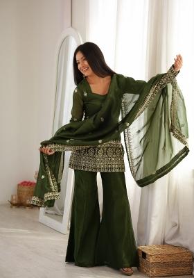 Bottle Green Sequin Work Silk Kurta Set