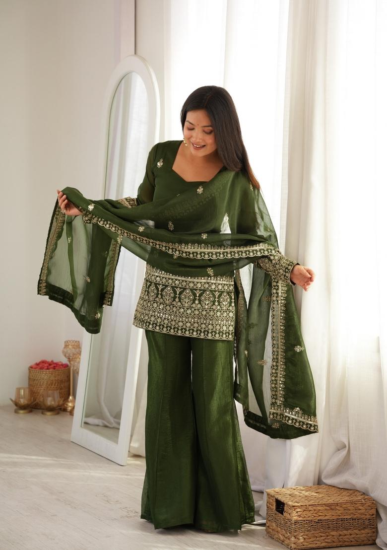 Bottle Green Sequin Work Silk Kurta Set - Indya