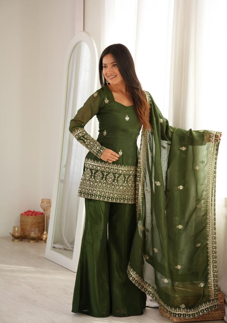 Bottle Green Sequin Work Silk Kurta Set - Indya