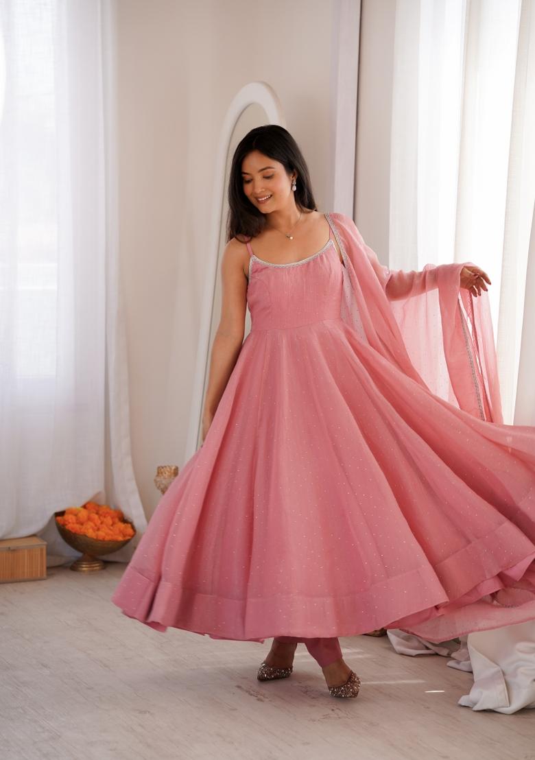 Baby Pink Swarovski Work Silk Anarkali Set - Indya