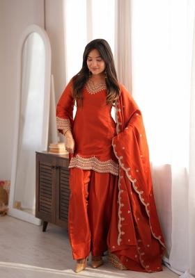Burnt Orange Sequin Work Silk Kurta Set