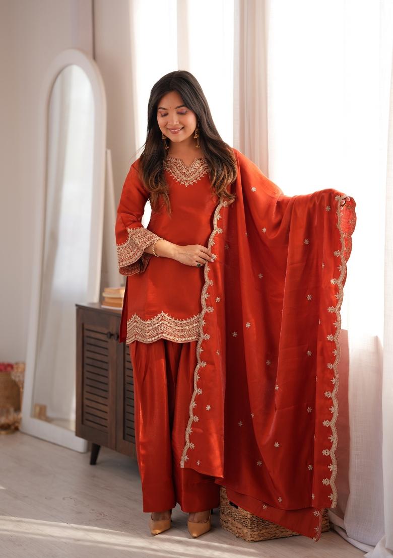 Burnt Orange Sequin Work Silk Kurta Set - Indya