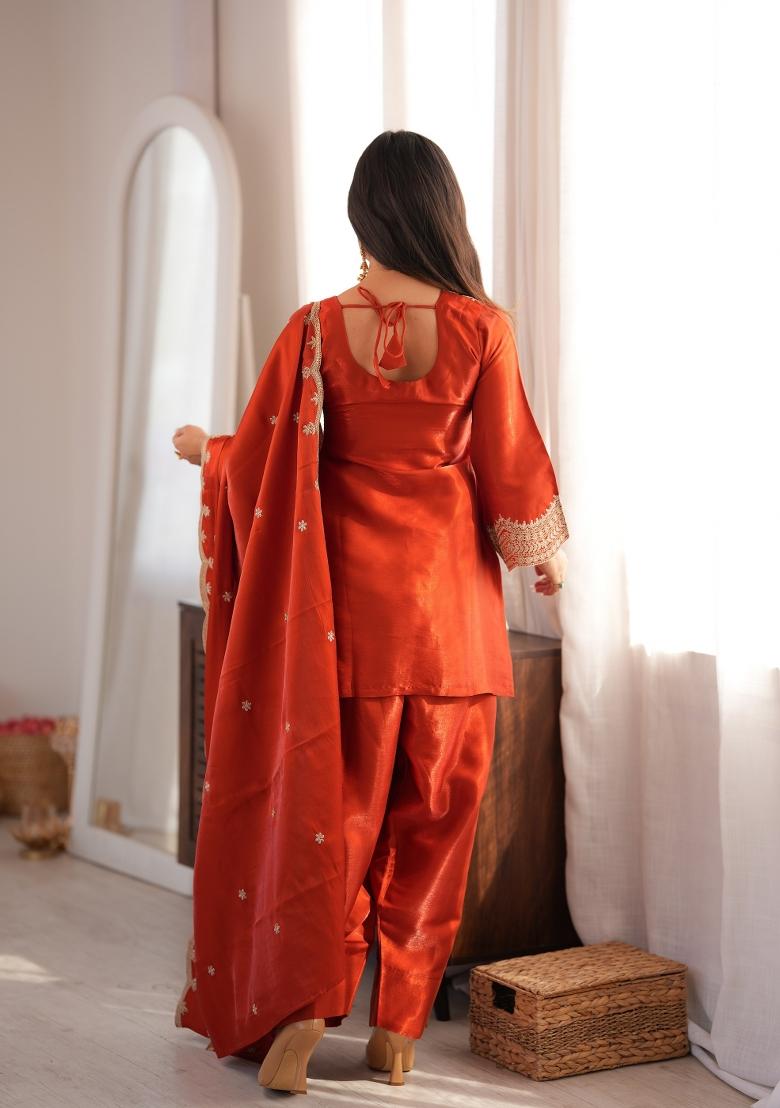 Burnt Orange Sequin Work Silk Kurta Set - Indya