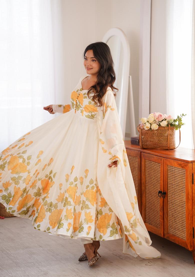 Off White Floral Print Silk Anarkali Set - Indya