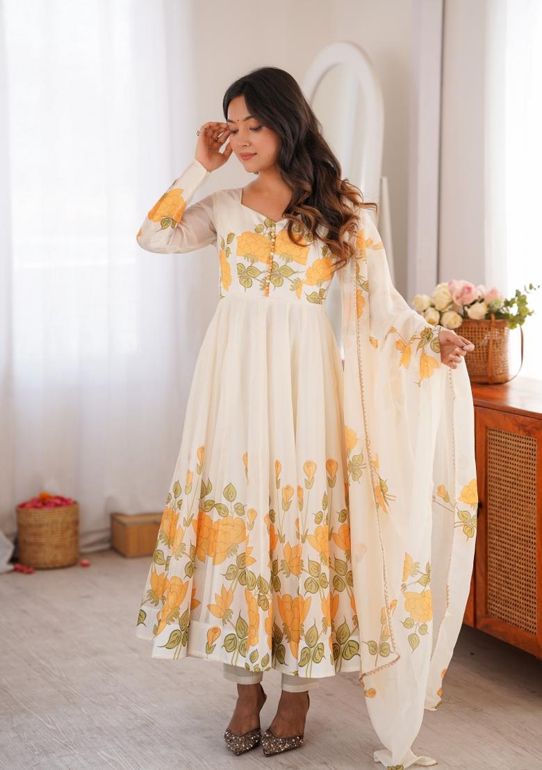 Off White Floral Print Silk Anarkali Set - Indya