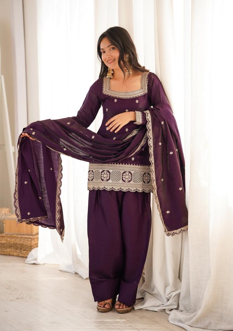 Deep Purple Sequin Work Silk Kurta Set - Indya