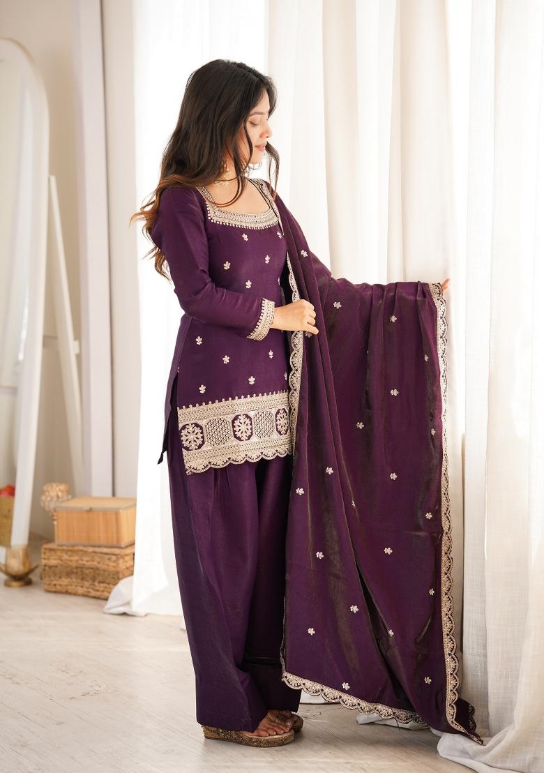 Deep Purple Sequin Work Silk Kurta Set - Indya