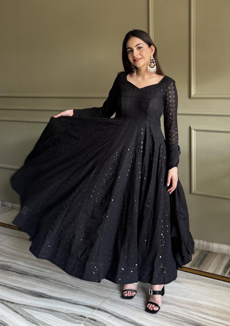 Black Sequin Work Georgette Anarkali Set - Indya
