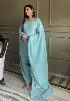 Sky Blue Siroski Work Silk Kurta Set