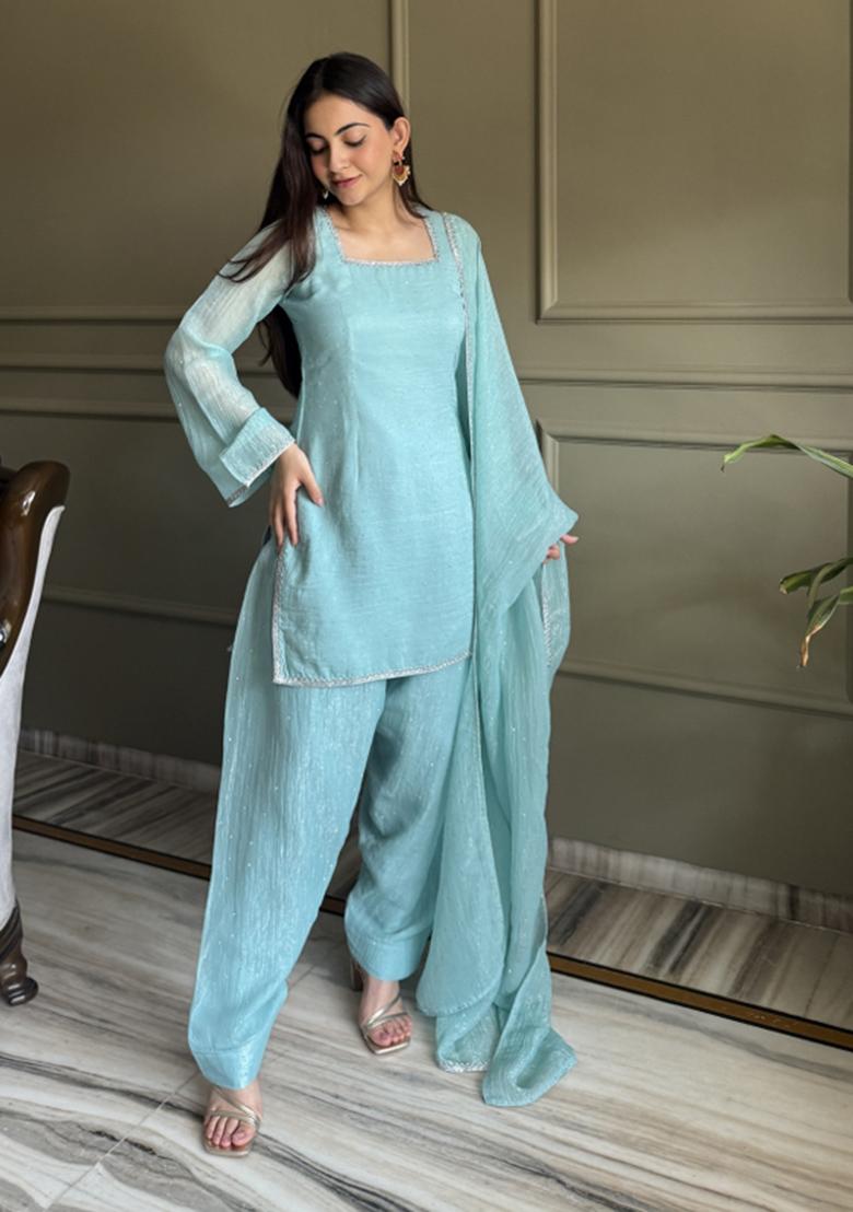 Sky Blue Siroski Work Silk Kurta Set - Indya