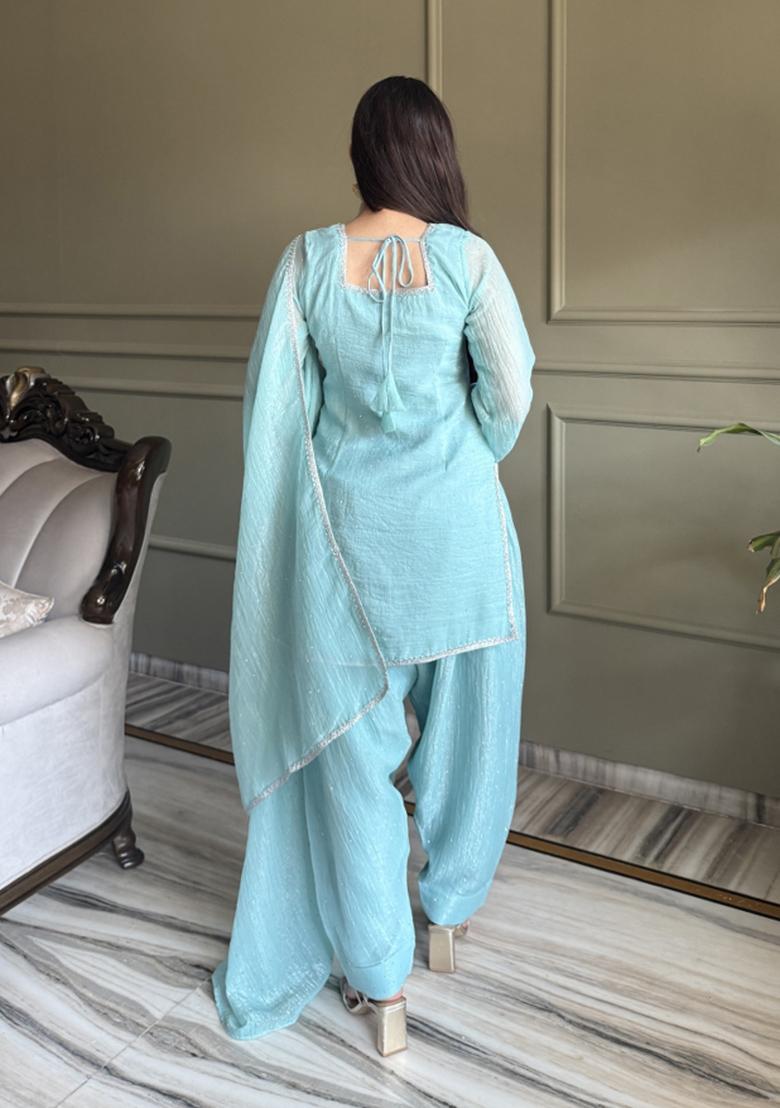 Sky Blue Siroski Work Silk Kurta Set - Indya