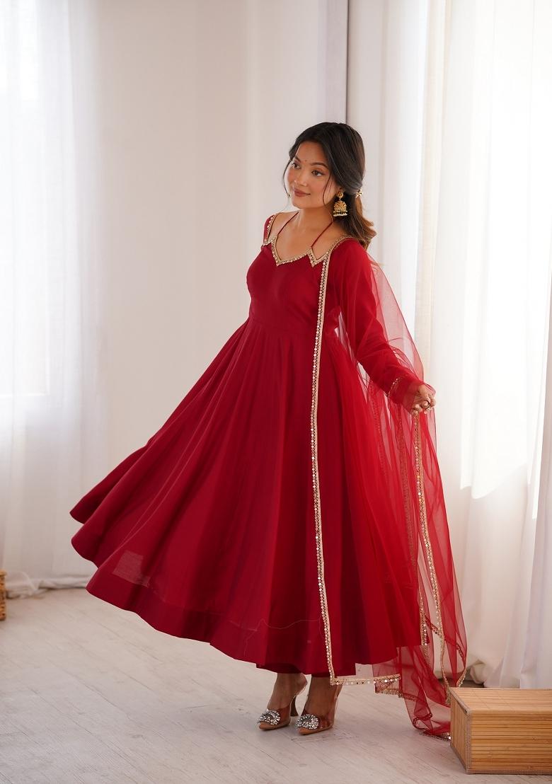 Ruby Red Lace Work Silk Anarkali Set - Indya