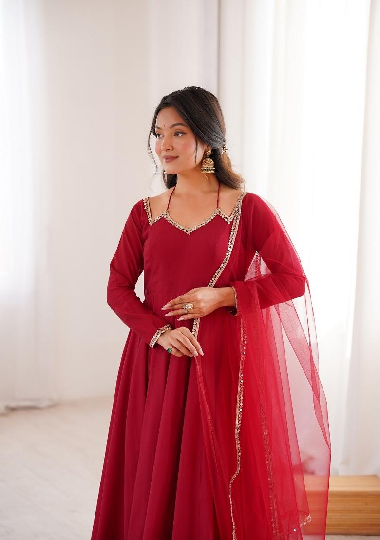Ruby Red Lace Work Silk Anarkali Set - Indya