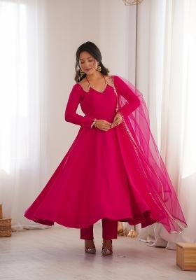 Rani Pink Lace Work Silk Anarkali Set