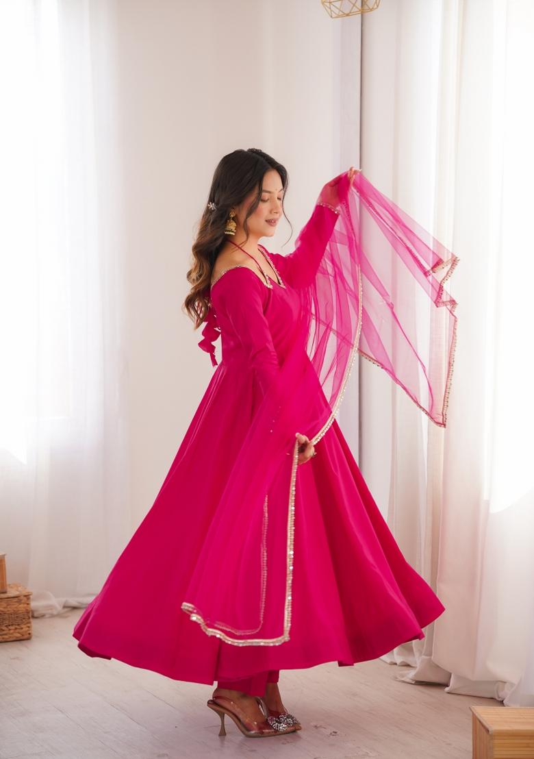 Rani Pink Lace Work Silk Anarkali Set - Indya