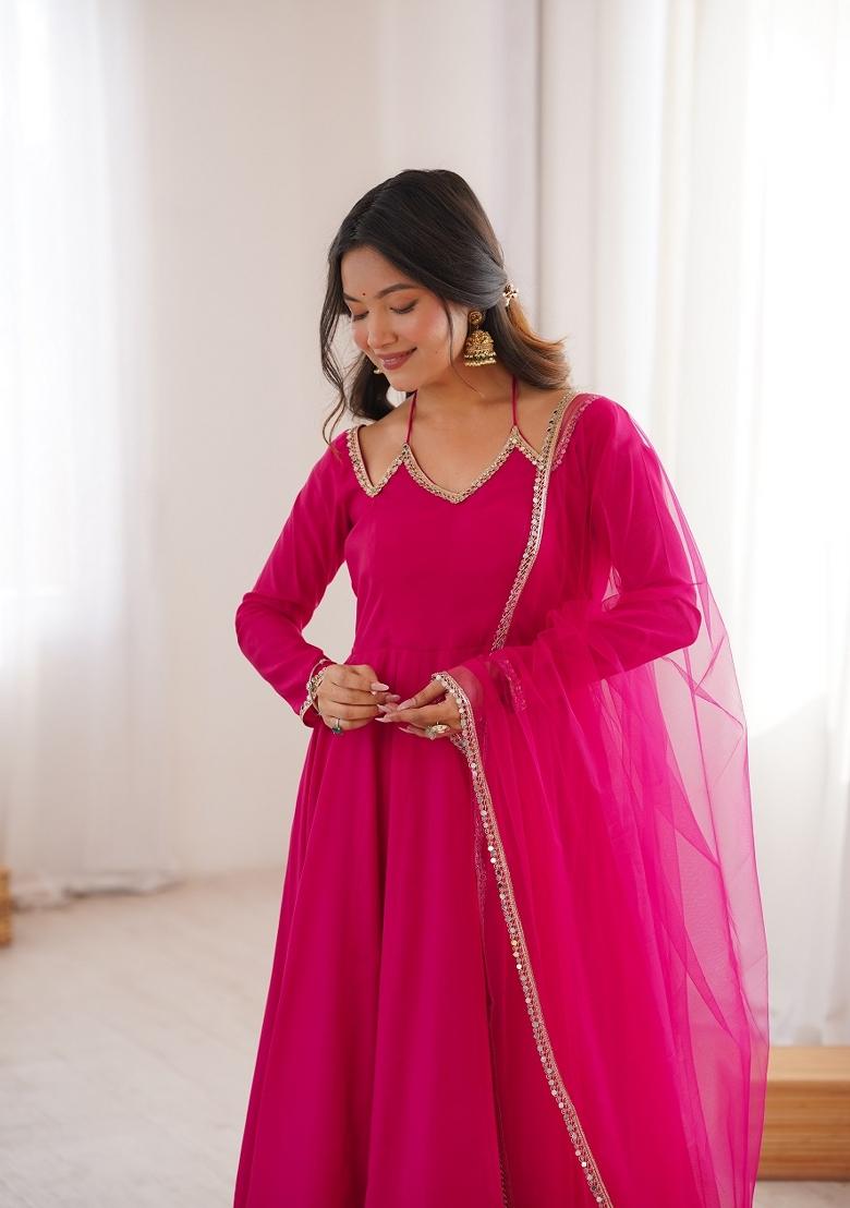 Rani Pink Lace Work Silk Anarkali Set - Indya