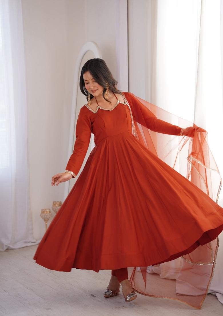 Rust Orange Lace Work Silk Anarkali Set - Indya