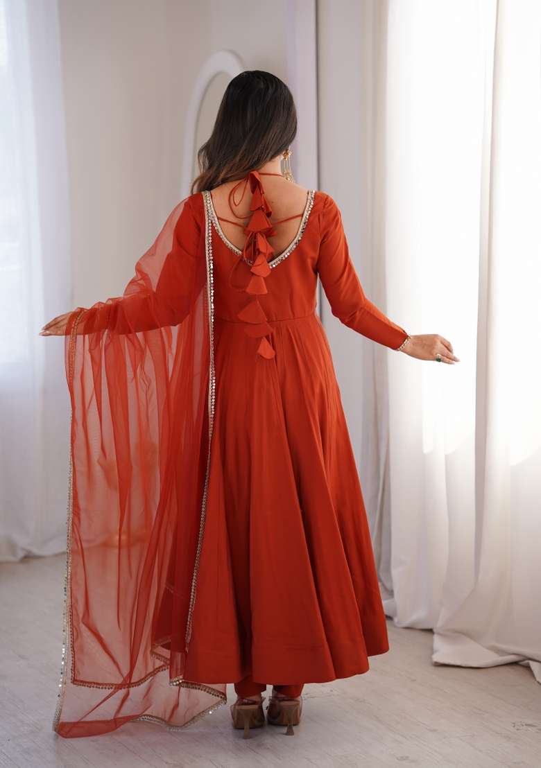 Rust Orange Lace Work Silk Anarkali Set - Indya