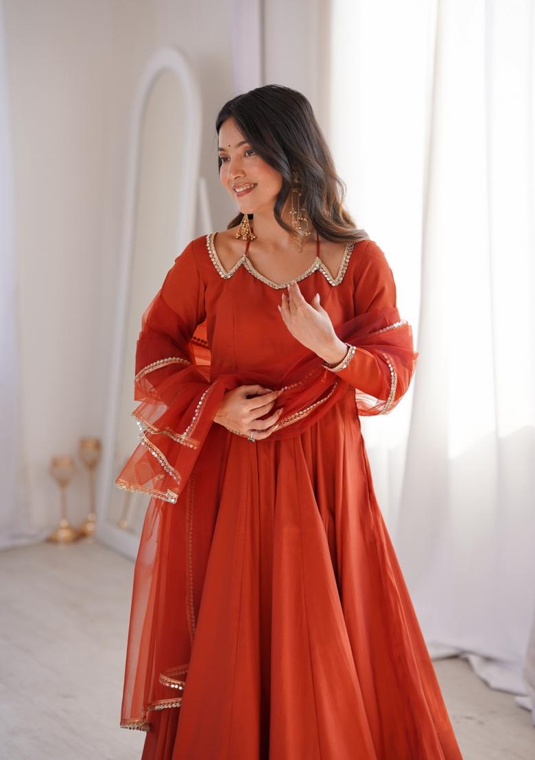 Rust Orange Lace Work Silk Anarkali Set - Indya