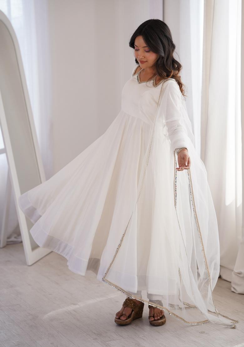 White Lace Work Silk Anarkali Set - Indya