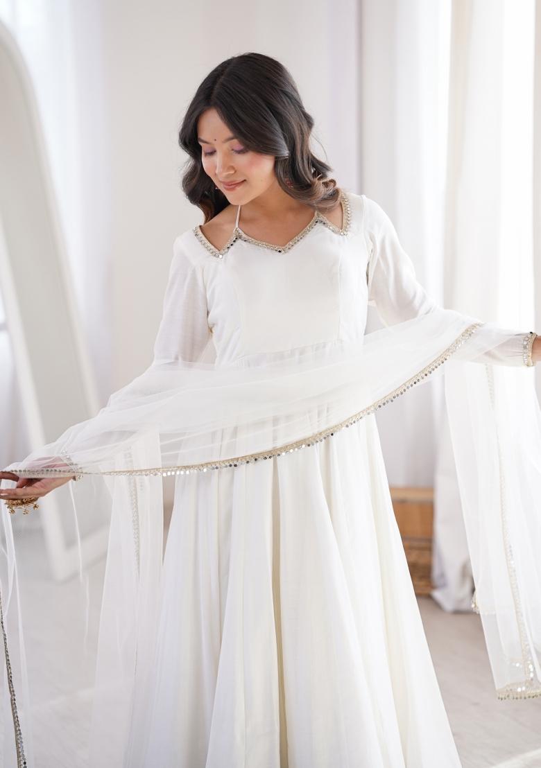 White Lace Work Silk Anarkali Set - Indya