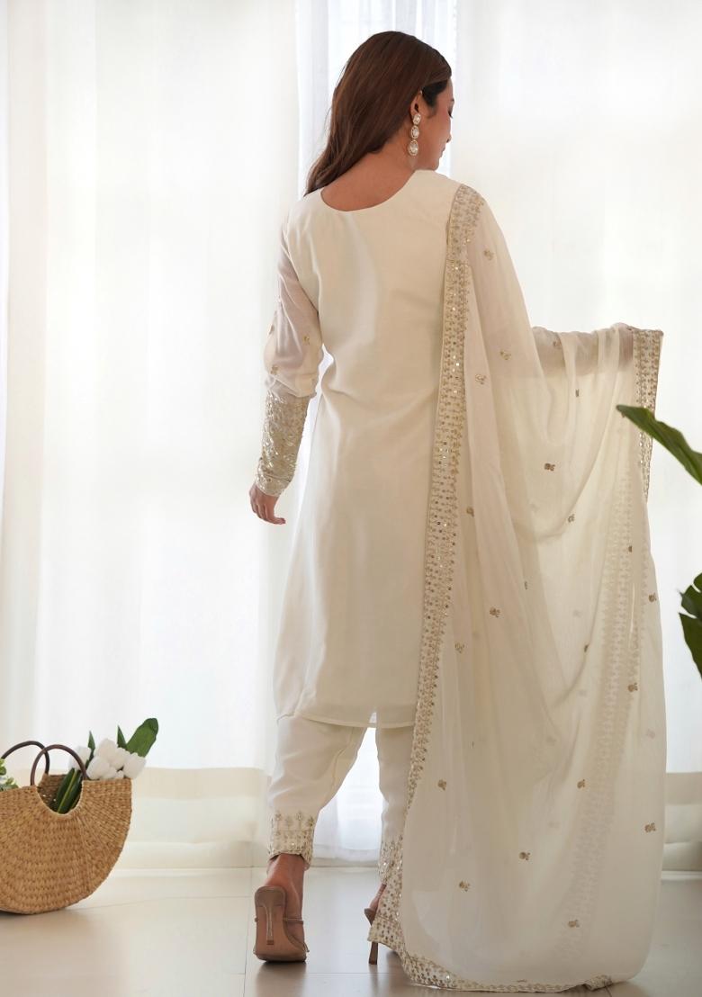White Sequin Work Chinon Kurta Set - Indya