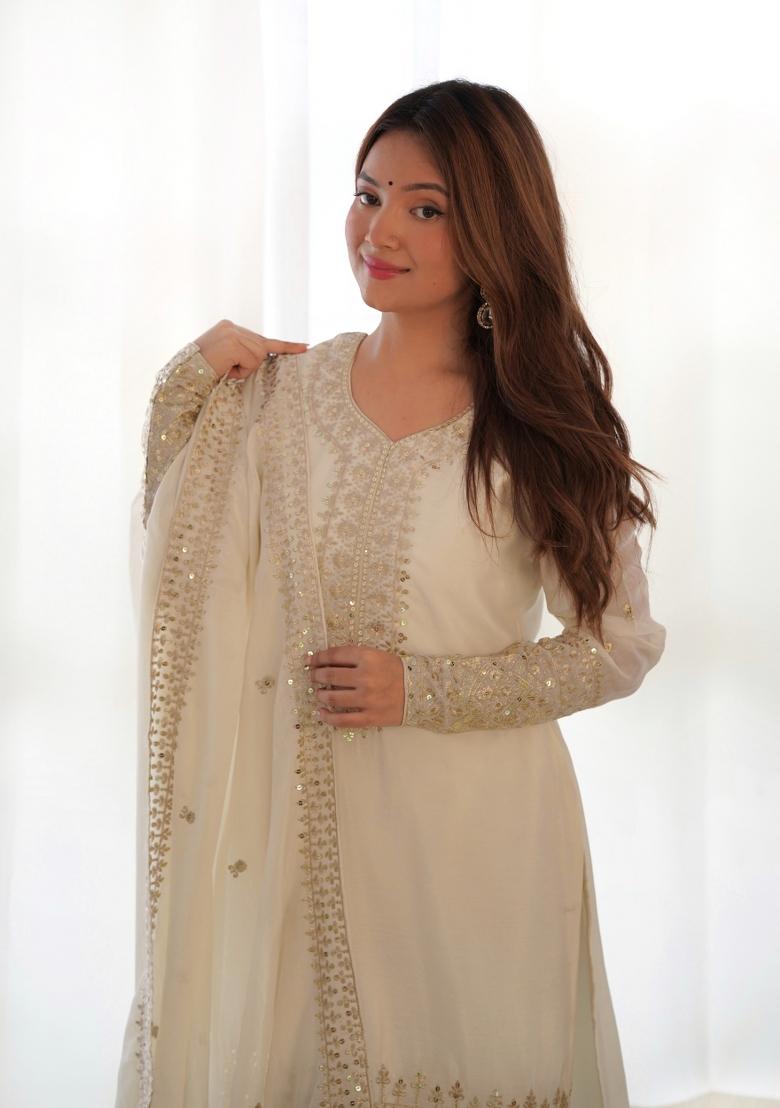 White Sequin Work Chinon Kurta Set - Indya