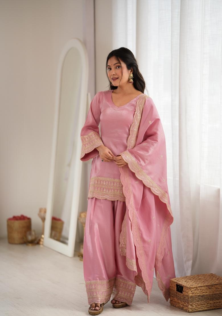 Pink Sequin Work Chinon Kurta Set - Indya