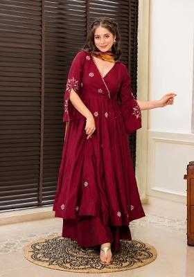 Maroon Sequin Work Cotton Kurta Set