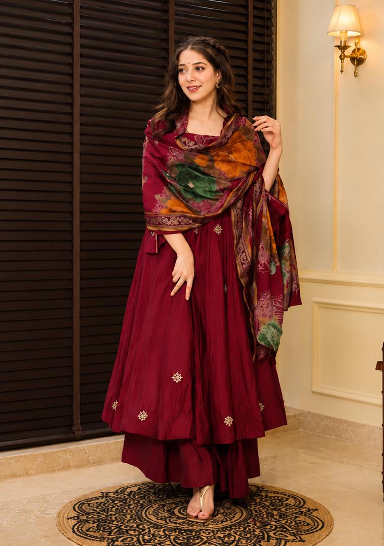 Maroon Sequin Work Cotton Kurta Set - Indya