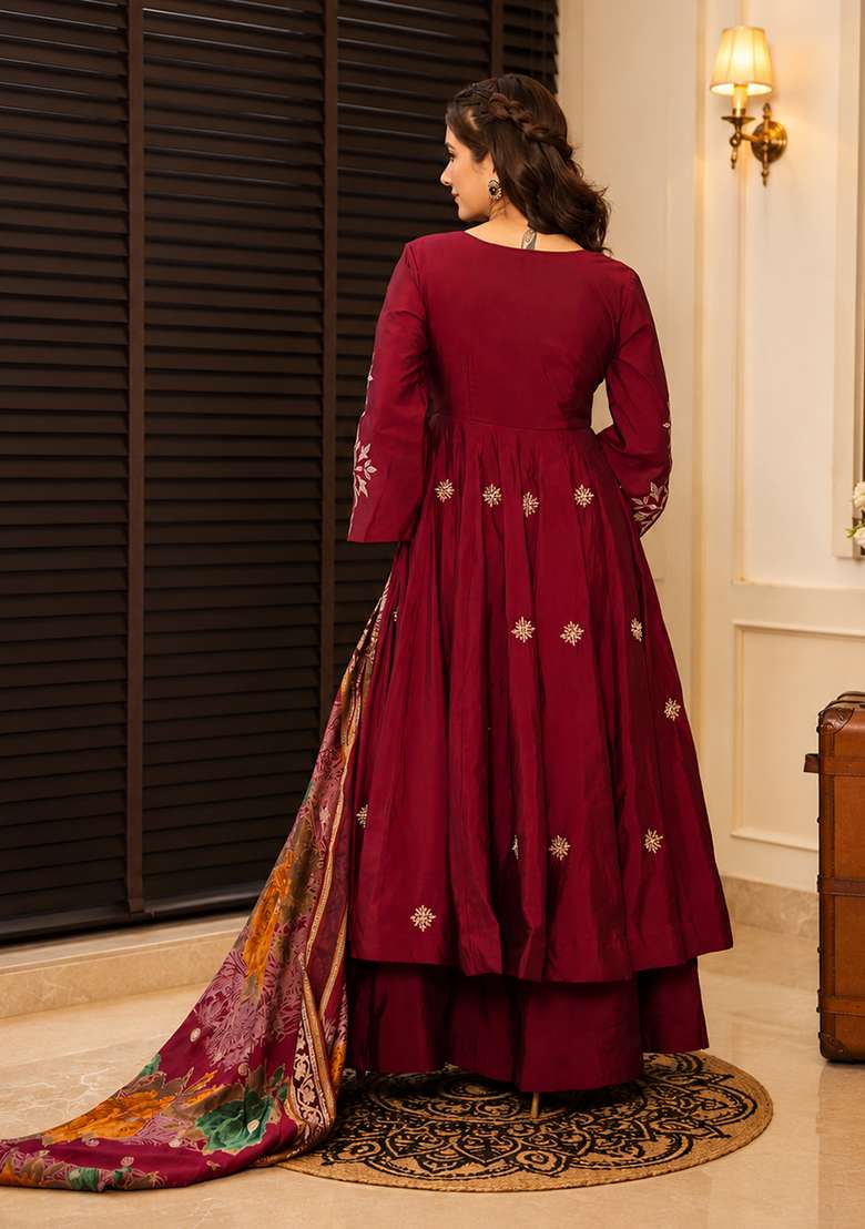 Maroon Sequin Work Cotton Kurta Set - Indya