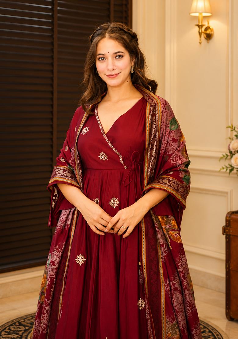Maroon Sequin Work Cotton Kurta Set - Indya