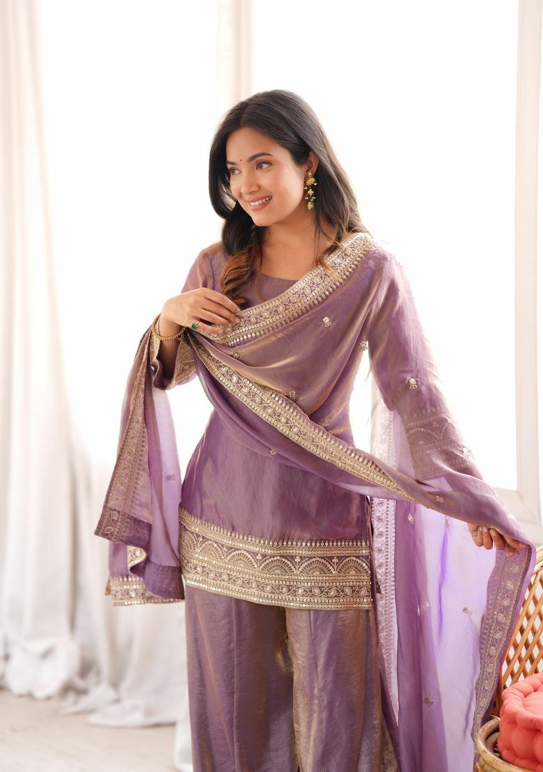 Dusty Pink Sequin Work Silk Kurta Set - Indya