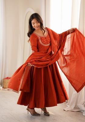 Orange Sequin Work Silk Anarkali Set