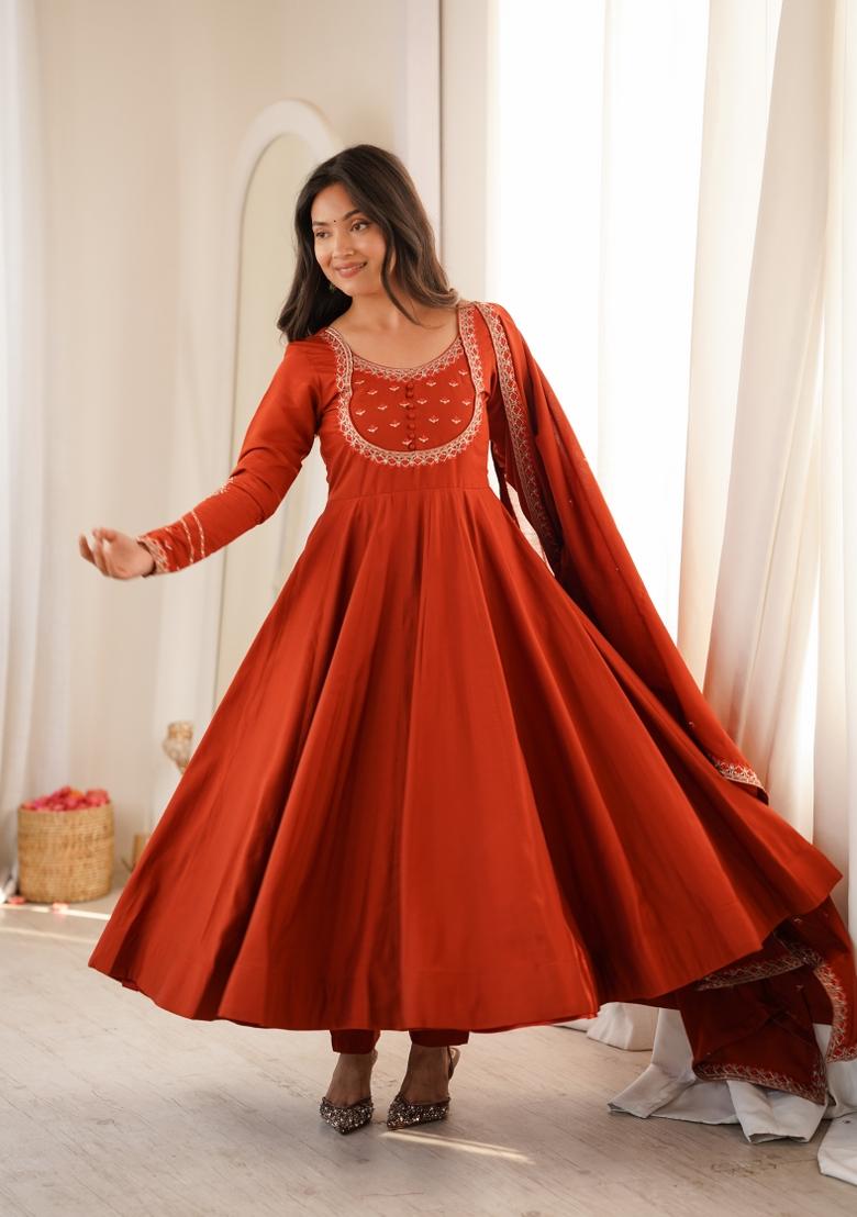 Orange Sequin Work Silk Anarkali Set - Indya