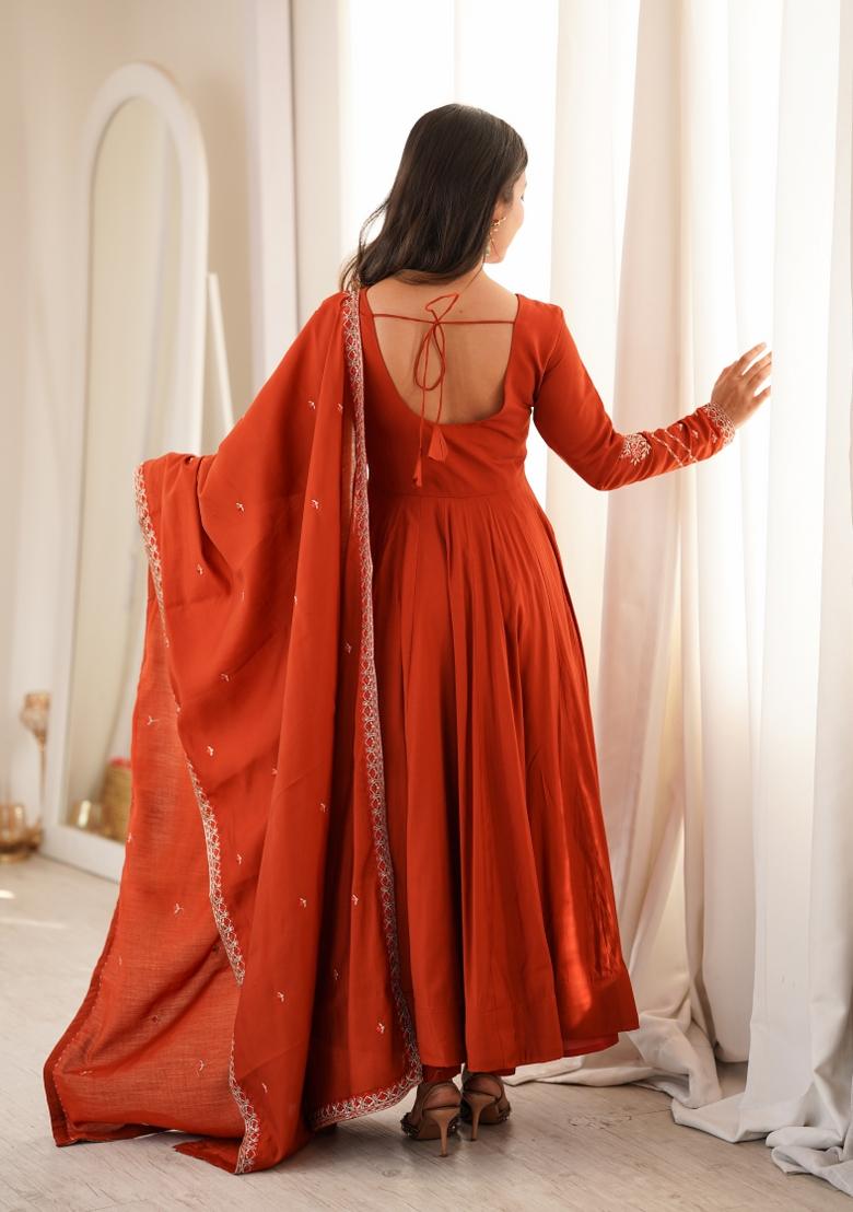 Orange Sequin Work Silk Anarkali Set - Indya