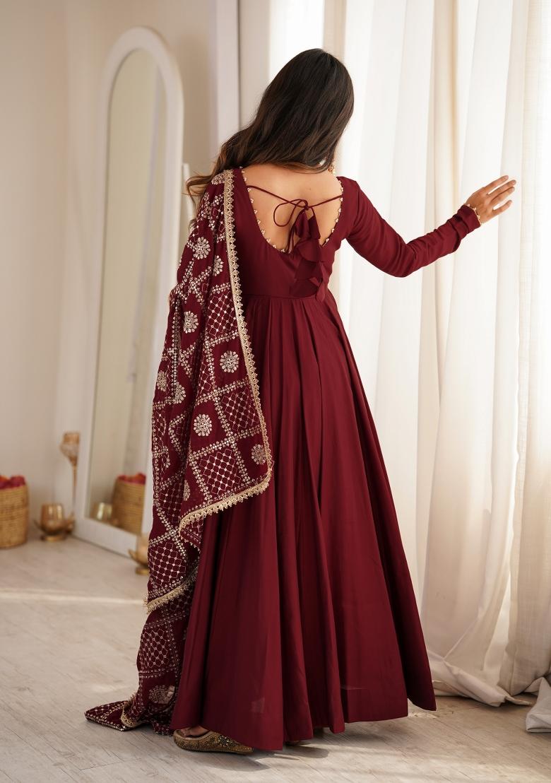 Maroon Sequin Work Silk Anarkali Set - Indya